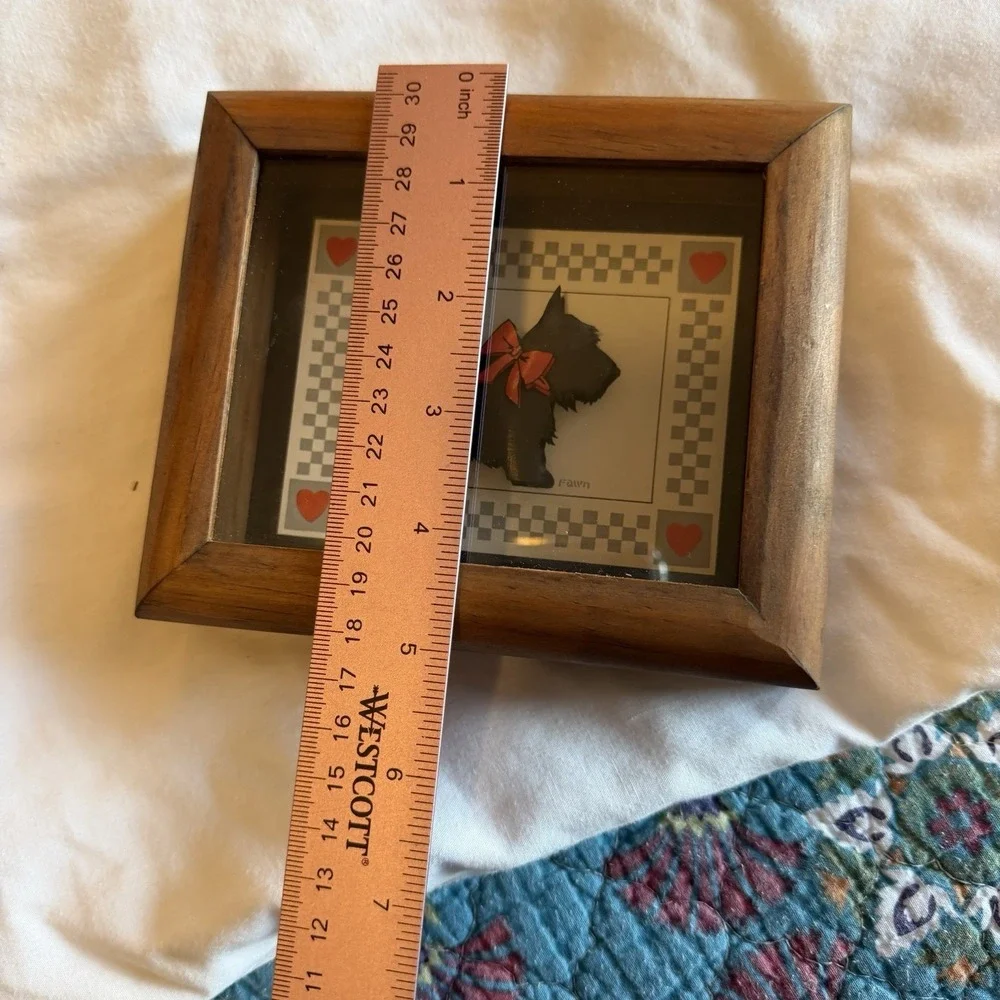 Vintage Scottie Dog Shadow Box Wall Art 4x6 Wood Frame Red Bow Hearts Folk Art
